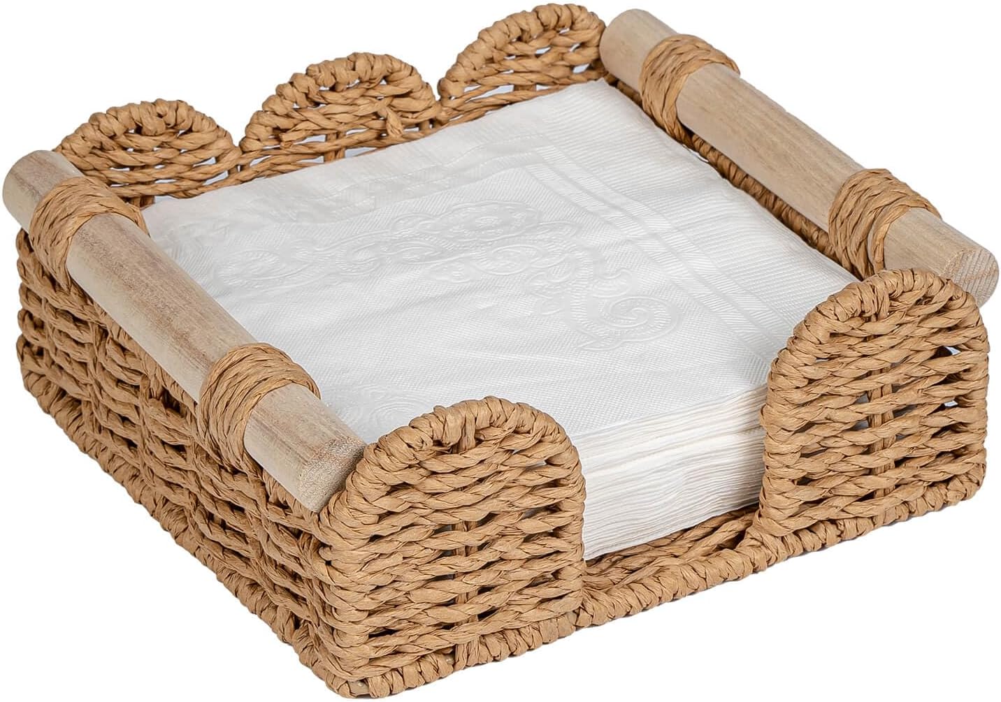 CubesLand Scalloped Napkin Holder for Table, Farmhouse Warming Home Kitchen Decor, Paper Rope Flat Napkin Dispenser Guest Towel Tray for Bathroom, Disposable Napkin Basket for Dining Table, Neutral
