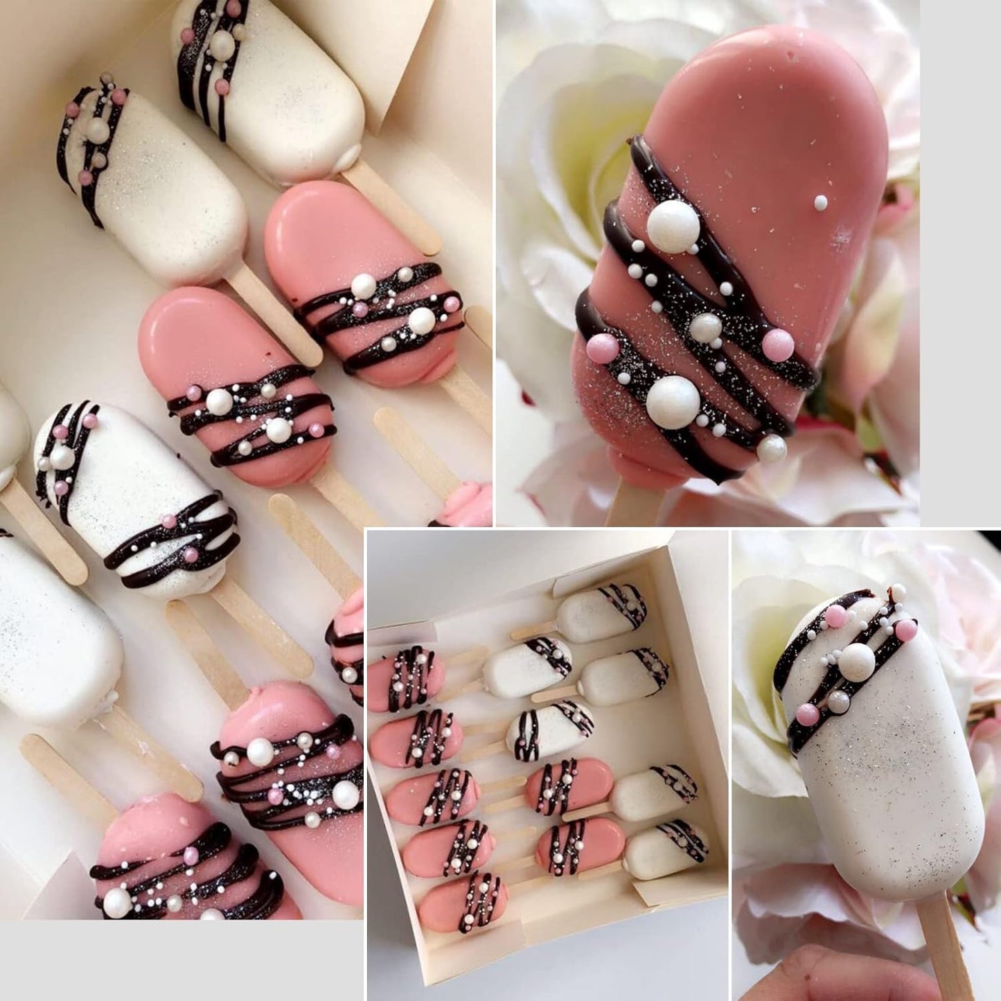 Sakolla 2 Pack Silicone Popsicle Molds, 4 Cavities Oval Mini Ice Pop Molds with 50 Wooden Sticks for Homemade Cake Pop, Cakesicles, Ice Cream (White)