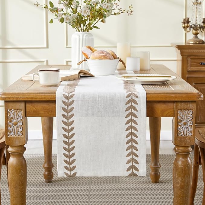 Wracra Embroidered Fall Table Runner Irregular Willow Leaf Table Runners 108 Inches Long for Dresser Home Dining Table Decor,14 x 108 Inch, Taupe