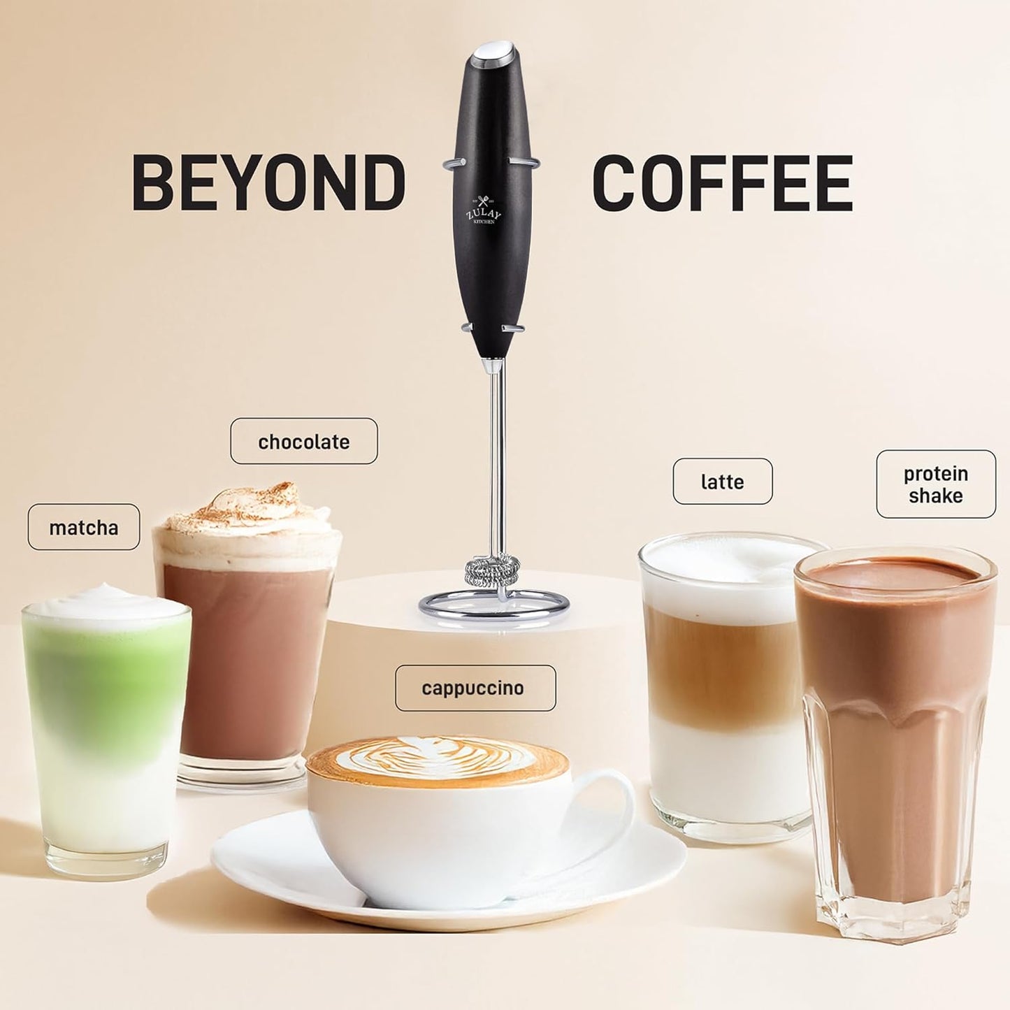 Zulay Kitchen Powerful Double Whisk Milk Frother Handheld - Foam Maker With Stand - Whisk Drink Mixer for Coffee, Mini Foamer for Latte, Matcha, Frappe, Hot Chocolate & Cappuccino (Metallic Black)