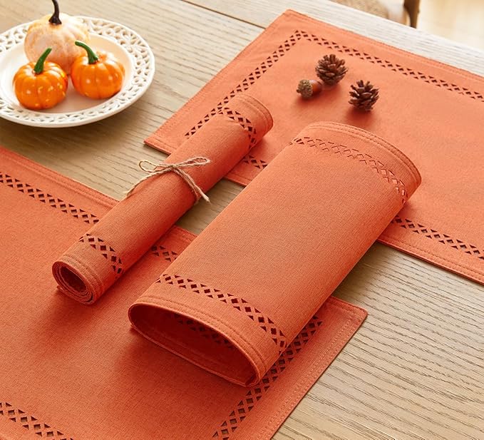 Fall Placemats Set of 4, 12 x 18 Inch Rustic Geometric Hollow Place Mats, Orange Heat Resistant Placemats for Autumn Thanksgiving Farmhouse Table Decor, Orange 4PCS