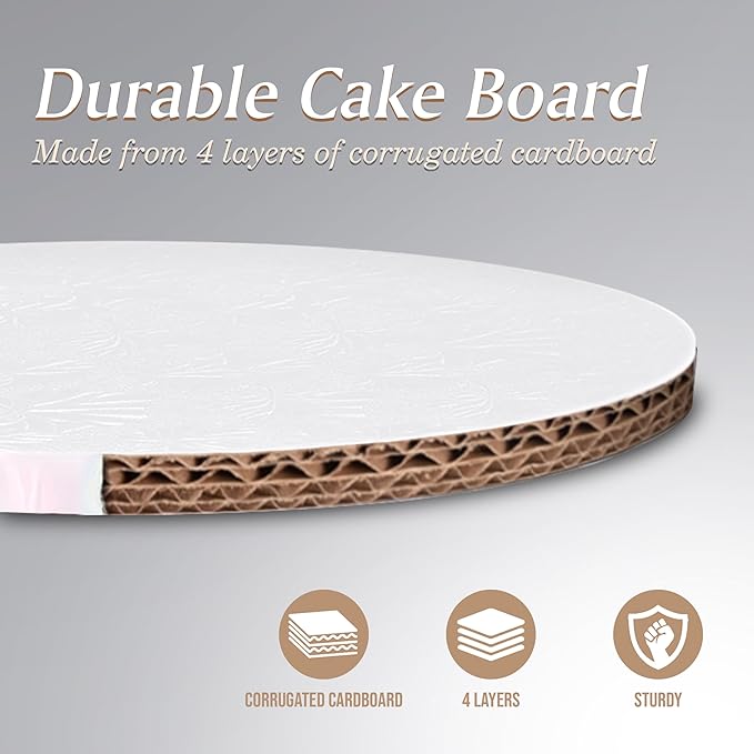 Cakebon Round Cake Drums - Sturdy 1/2 Thick Boards - 8 Inch Professional Fully Wrapped Edges White 1-Pack