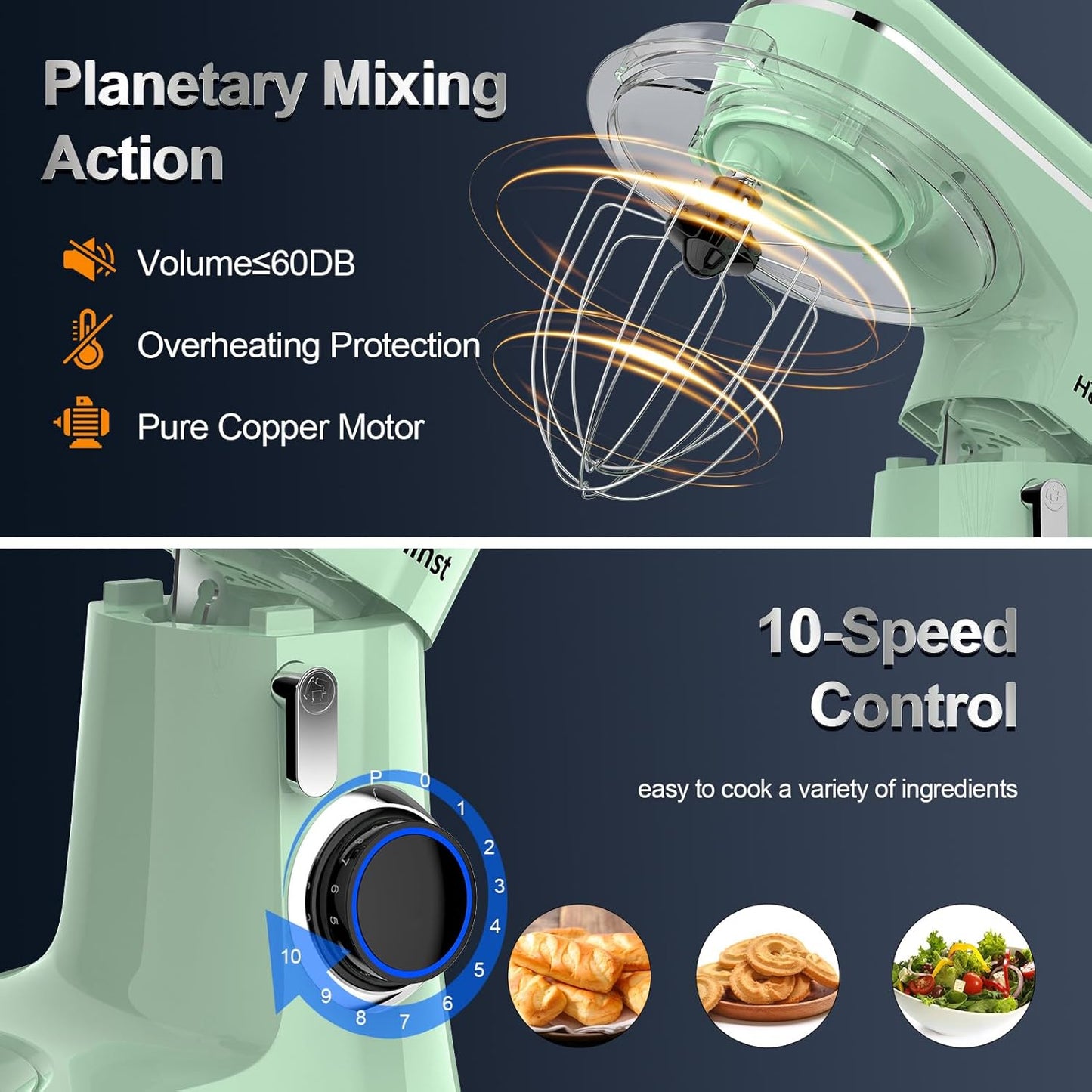 Stand Mixer, 6.5QT 10-Speed Tilt-Head Electric Stand Mixer, 3-In-1 Kitchen Mixer with Bowl, Dough Hook, Whisk and Beater, Food Mixer for Baking, Cake and Most Home Cooks, Light Green