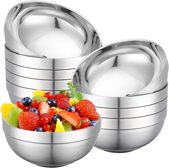 Stainless Steel Bowls Bulk, 10 Pack 5.9in 20.6oz 610ml Medium SUS304 Double Wall Insulated Stackable Metal Cereal Eating Bowl Containers for Restaurant Serving Dishes Salad Ice Cream Soup Rice