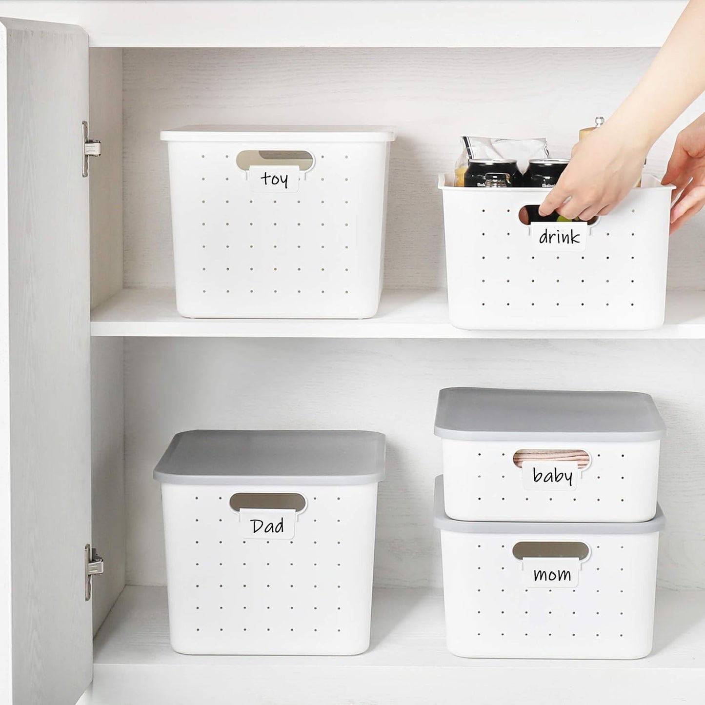 vacane Large White Storage Baskets with Snap Lid, Extremely Durable, Storage Baskets for Organizing Stackable Storage Box with Handle for Playroom Classroom Closet Office, 14 x 10 x 8 inch