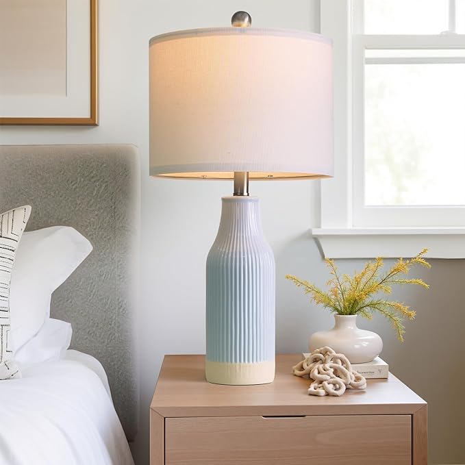 23.75inch Light Blue Modern Ceramic Bedside Lamp Set of 2 for Bedroom Decor Farmhouse Table Lamp for Living Room Office Dorm