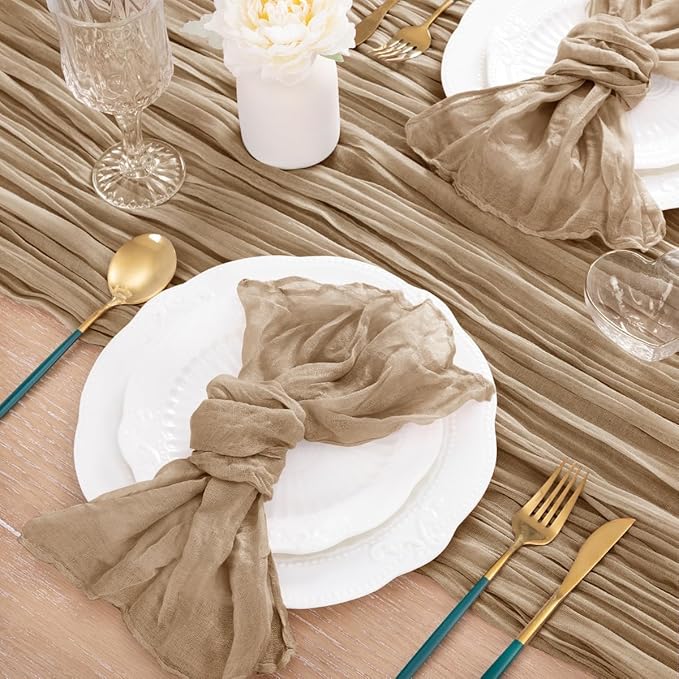 MLMC Nude Cheesecloth Table Runner 10ft Boho Gauze Taupe Cheese Cloth Table Runner Rustic Neutral Centerpiece Decor 35x120 Inches for Wedding Farmhouse Reception Home Decor