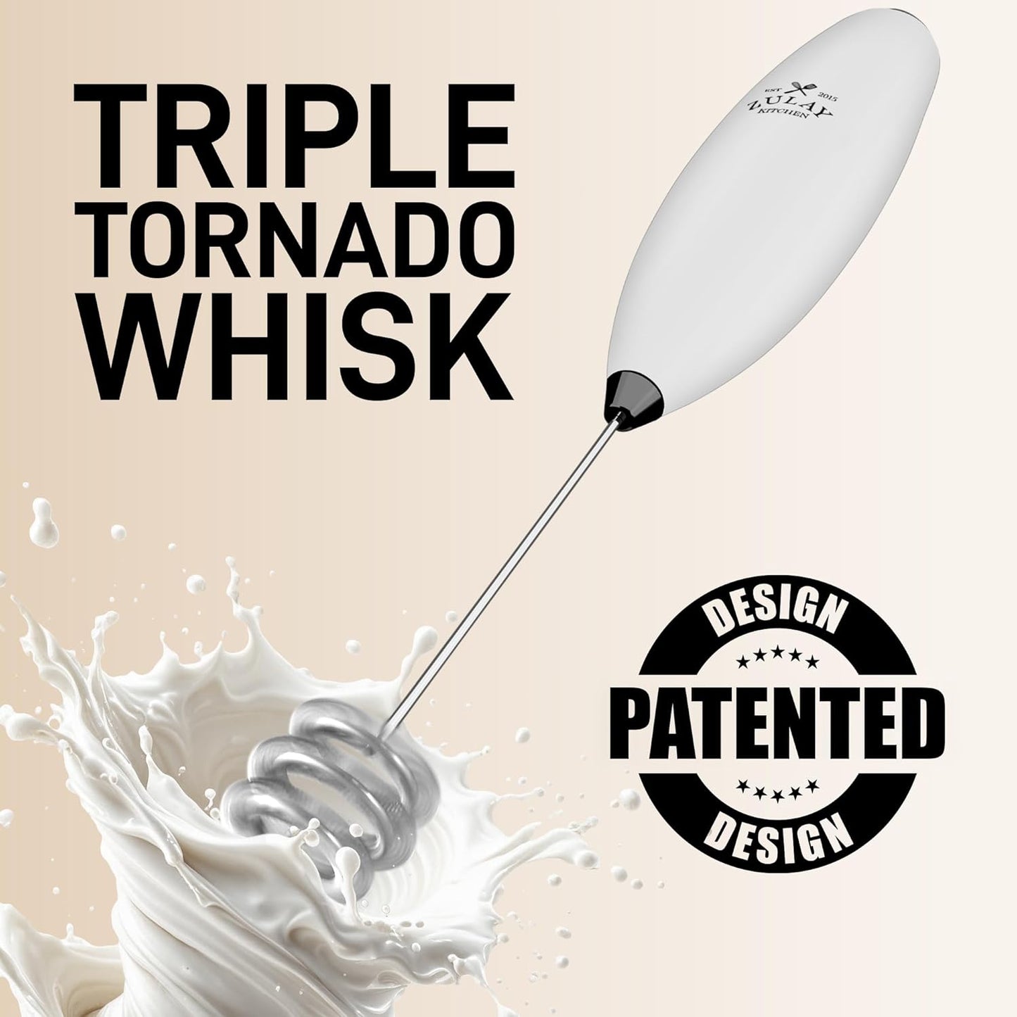 Zulay Kitchen Patented Tornado Triple Whisk Milk Frother with 4 Duracell Batteries – Handheld Foam Maker for Coffee, Lattes, Matcha & Hot Chocolate – Rich, Creamy Froth in Seconds