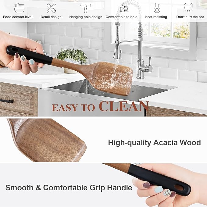 Wooden Spoons For Cooking, 6 PCS Natural Acacia Wooden Cooking Utensils, Smooth Grip Wood Cooking Spoons with Hanging Hole, Non-Stick Wooden Kitchen Utensil Set for Kitchen Essentials, Black