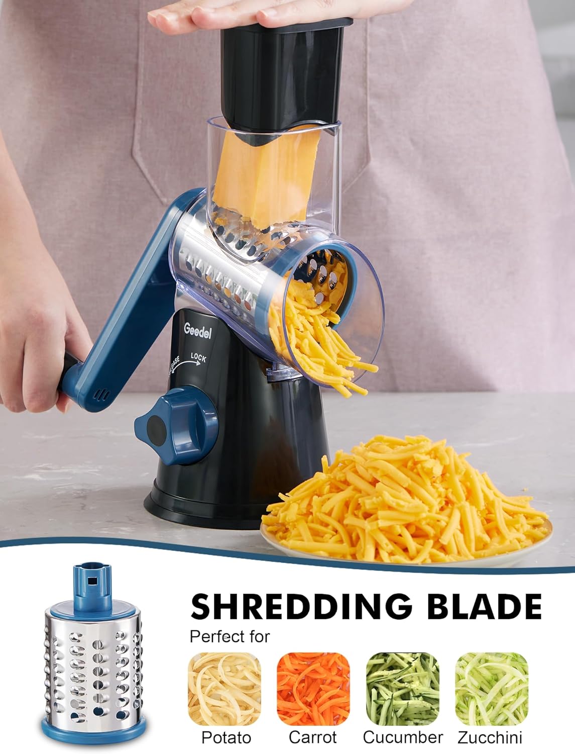 Geedel Rotary Cheese Grater, Kitchen Mandoline Vegetable Slicer with 3 Interchangeable Blades, Easy to Clean Rotary Grater Slicer for Fruit, Vegetables, Nuts