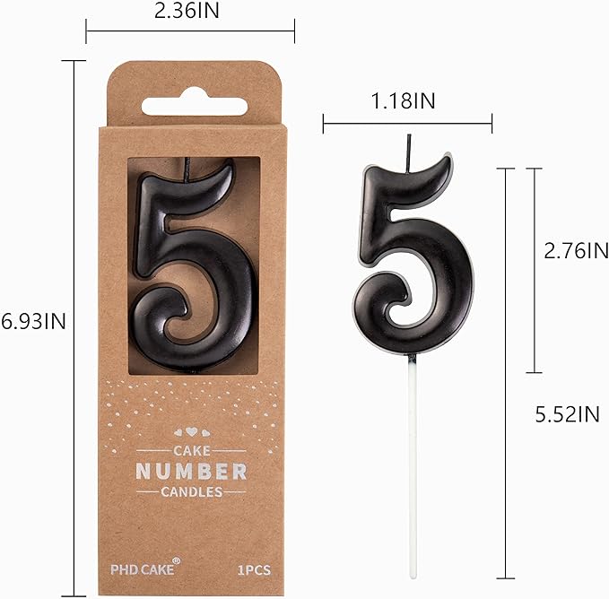 PHD CAKE 2.76 Inch Elegant Black 5 Number Birthday Candles, Black Number Candles, Cake Number Candles, Party Celebration