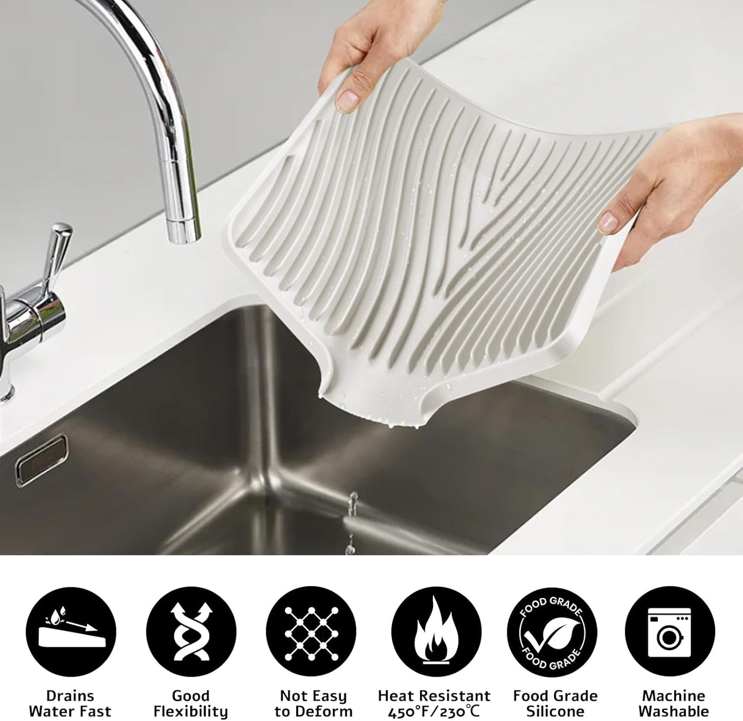 Dish Drying Mat, Stone Drying Mat for Kitchen Counter with Built-in Drain, Non-Slip Drying Matt Kitchen Counter, Heat Resistant Silicone Drying Mat, Dish Drying Pad, 2 Pcs(15.8"X 13", Cream)