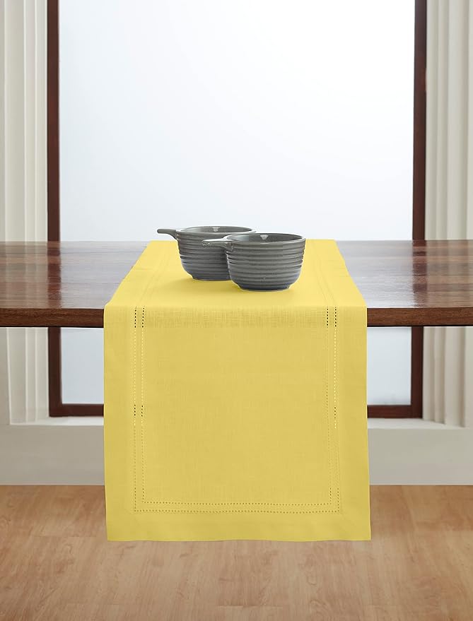 Solino Home Linen Sunshine Yellow Table Runner 108 Inches Long - 100% Pure Linen 14 x 108 Inch Table Runner - Double Hemstitch