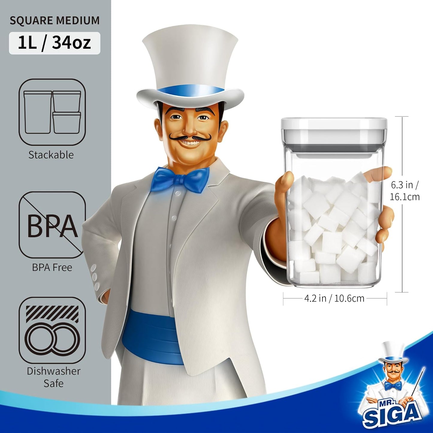 MR.SIGA 4 Pack Airtight Food Storage Container Set, BPA Free Kitchen Pantry Organization Canisters with One-handed Leak Proof Lids, 1L / 33.8oz, Medium, White