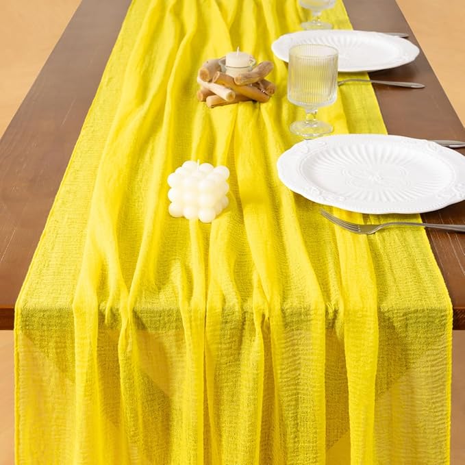 Socomi 6pcs Yellow Cheesecloth Table Runner Fall Thanksgiving Gauze 120 Inch Rustic Boho Cheese Cloth Runner for Wedding Party Baby Bridal Shower Centerpiece Decoration Holiday Home Decorations