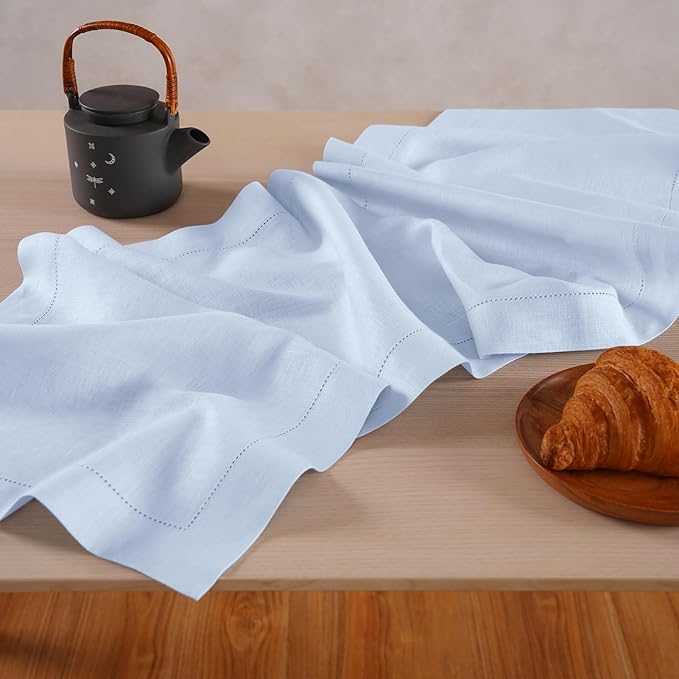 Home Ekaa Light Blue 100% Pure Linen Table Runner 36 inches – Hemstitch Coffee Table Runner 14 x 36 Inch Ideal for Dresser and Coffee Tables – Fall, Christmas, Winter, Holiday & New Year- Elara