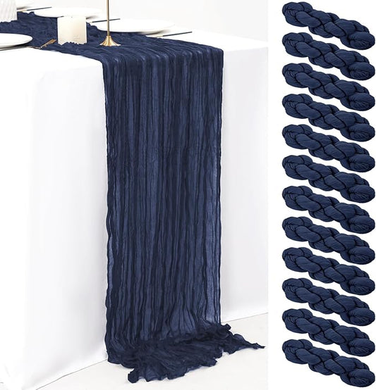 12 Pack 10Ft Navy Blue Cheesecloth Table Runner 35 x 120 inch Boho Gauze Cheese Cloth Table Runner Vintage Rustic Sheer Runners for Wedding Bridal Shower Birthday Party Cake Table Decorations