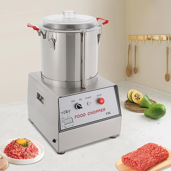 Stainless Steel Commercial Food Processor, 1400W Electric Food Chopping Machine, 3.96Gal Capacity, Food Cutter with Safety Lock, Detachable Barrel and Blades for Easy Cleaning