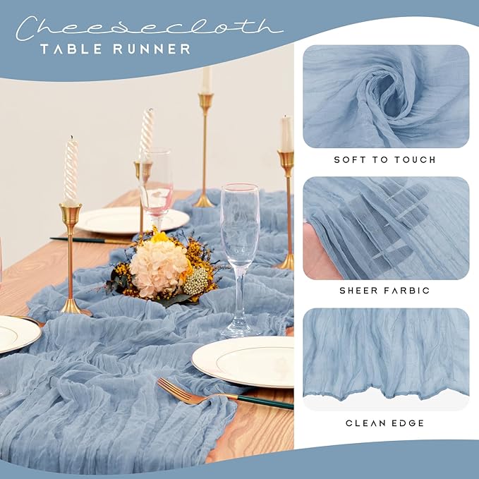 12 Pack Cheesecloth Table Runner 35 x 120 inch Long Boho Cheese Cloth Gauze Table Runners Semi Sheer Table Runner for Wedding Decor, Bridal Shower, Birthday Party (Dusty Blue)