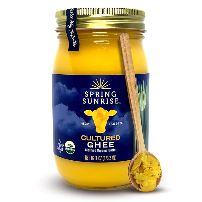 Spring Sunrise Grass Fed Organic Cultured Ghee - USDA Certified Clarified Butter - Keto & Paleo Friendly, Non-GMO, Gluten & Lactose Free Cooking Oil - Sustainably Sourced, 16 oz Jar