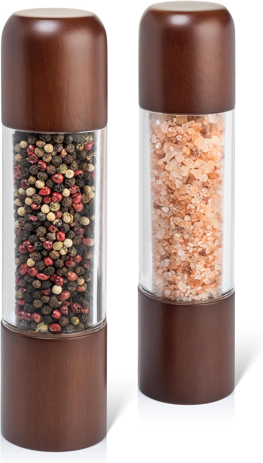 Salt and Pepper Grinder Set - Acrylic Salt and Pepper Grinders - Refillable Wooden Salt and Pepper Mill 8 inch Set of 2