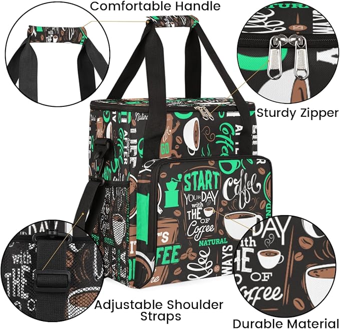 Turquoise Start Your Day With Coffee Coffee Maker Carrying Bag, Coffee Machine Travel Storage Tote Bag Compatible with K-Mini or K-Mini Plus, Portable Single Serve Coffee Brewer Case with Pockets