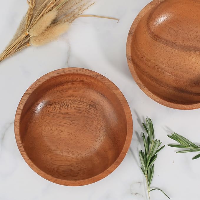 Acacia Wood Serving Bowls, 6 Inch Handcrafted Wooden Individual Bowls Set of 2 for Food/Soup/Salad/Pasta, Use as Snack Holder Plate for Kitchen and Dining