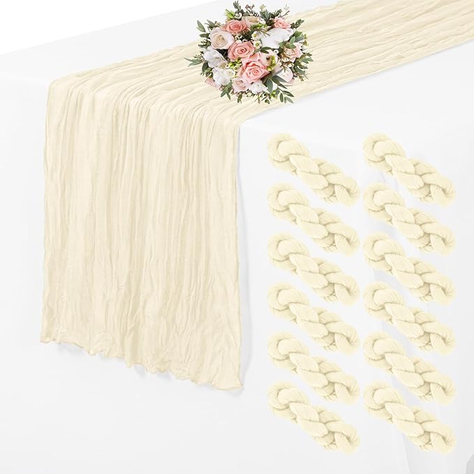 12 Pack Cheesecloth Table Runner 35 x 70 inch Long Boho Cheese Cloth Gauze Table Runners Semi Sheer Table Runner for Wedding Decor, Bridal Shower, Birthday Party (Ivory)