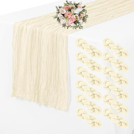 12 Pack Cheesecloth Table Runner 35 x 70 inch Long Boho Cheese Cloth Gauze Table Runners Semi Sheer Table Runner for Wedding Decor, Bridal Shower, Birthday Party (Ivory)
