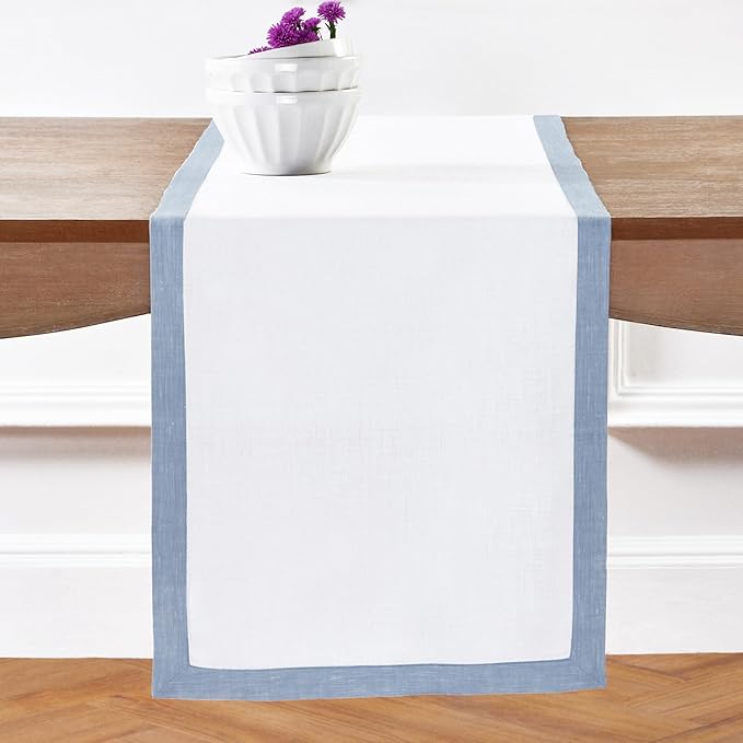Solino Home Linen Table Runner 60 Inches - 100% Pure Linen Chambray Blue and White Small Table Runner 14 x 60 Inch Ideal for Dresser and Coffee Tables, Christmas, New Year - Classic