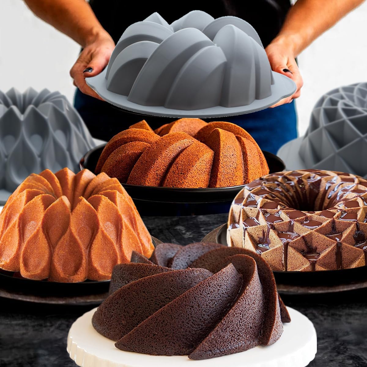 Tongjude 4 Pieces Silicone Fluted Cake Pans, 6/7/8 Cups Tube Baking Pan, Non-Stick Kitchen Oven Baking Pans, Silicone Molds for Homemade Cake, Bread and Jello, Grey