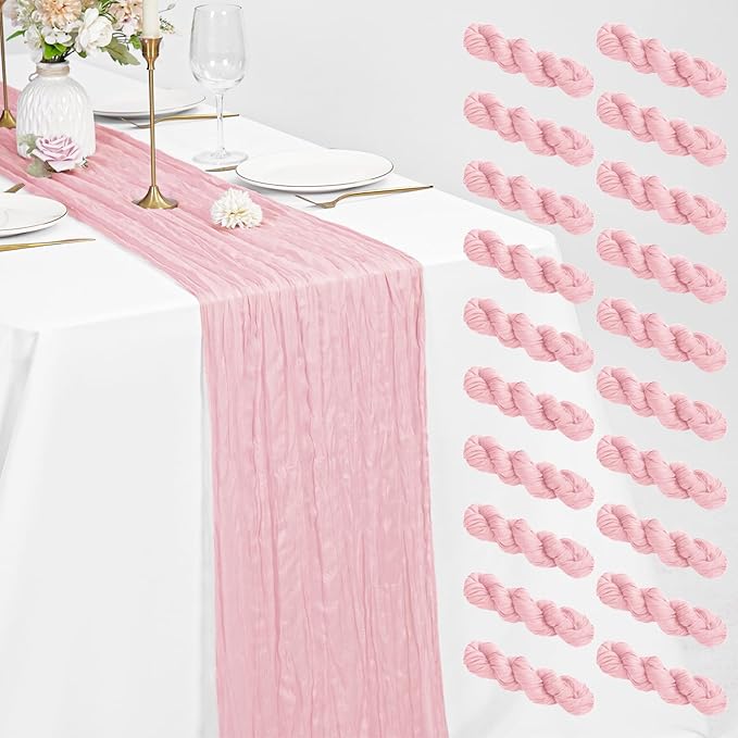 20 Pack Cheesecloth Table Runner Light Pink, Rustic Boho Gauze Fabric Table Runner Romantic Table Runner For Wedding, Festival, Birthday, Anniversary, Dinner and Outdoor Events (17.7 x 108 inch)