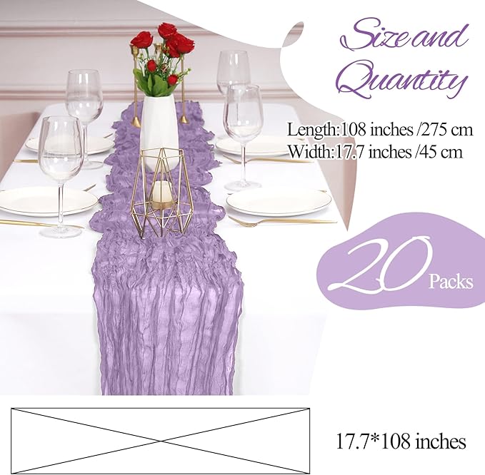 20 Pack Cheesecloth Table Runner Light Purple, Rustic Boho Gauze Fabric Table Runner Romantic Table Runner For Wedding, Festival, Birthday, Anniversary, Dinner and Outdoor Events (17.7 x 108 inch)