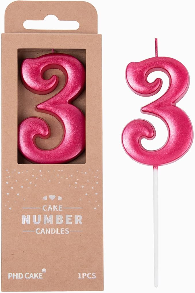 PHD CAKE 2.76 Inch Elegant Red 3 Number Birthday Candles, Red Number Candles, Cake Number Candles, Party Celebration