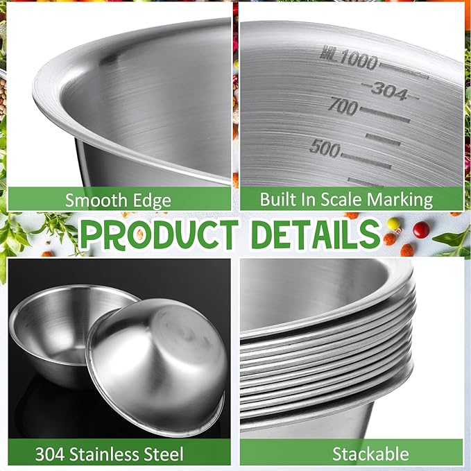 Honeydak 12 Pcs 304 Stainless Steel Mixing Bowls with Graduations, Salad Bowls Metal Serving Reusable Baking Food Storage Containers for Baking, Cooking, Salads, Soups, Ice Cream, Noodles (40 oz)