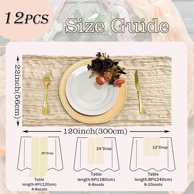 12 Pack Beige Cheesecloth Table Runner 22x120 Inch-Naturally Dyed Colors Sheer Gauze Cheese Cloth Wedding Brown Table Runner,Rustic Boho Crinkle Fabric, Reception, Bridal Shower,Farmhouse Dining Decor