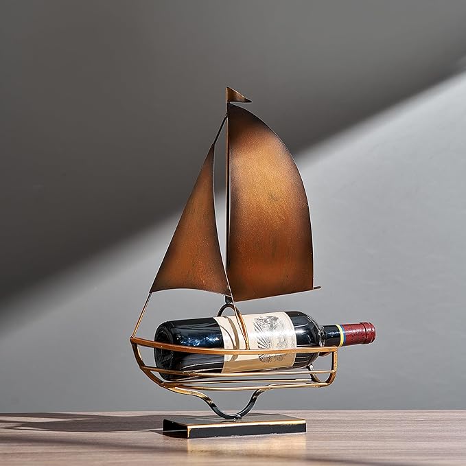 Metal Sailboat Wine Rack for Countertop – Decorative Wine Bottle Holder for Kitchen Bar Dining Table, Boat Sculpture Wine Stand Nautical Home Decor (Brass)