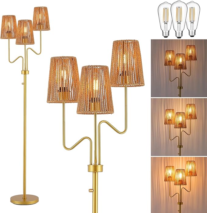 9MMML Gold Farmhouse Boho Dimmable Floor Lamp with Rattan Shade, 68'' Tall Floor Standing Lamp, 3-Light Floor Lamp for Living Room, Bedroom, Office, Corner