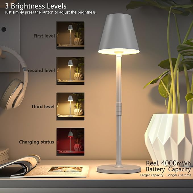 2 Pack LED CordlessTable Lamp,4000mAh Rechargeable Battery Desk lamp,3 Level Brightness Portable Light, Minimalist Design, for Couple Dinner/Coffee Table/Restaurant/Bedroom(White 2pack)