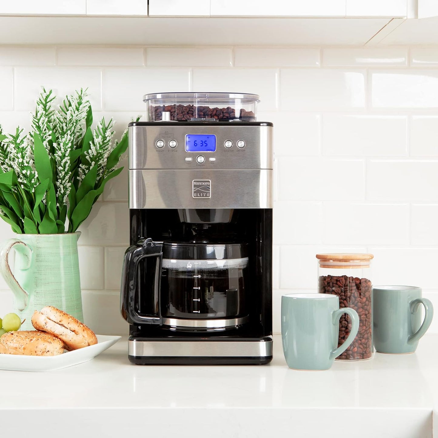 Kenmore Elite Grind And Brew Coffee Maker - Burr Grinding Ground Coffee Bean Hopper With Drip Pot, 12 Cup Programmable Automatic Brew Coffee Machine For Barista Style Cafetera, Use For Kitchen & Café