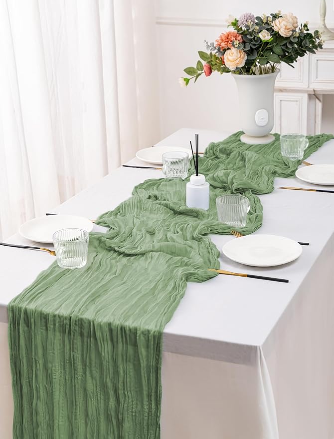 12 Pack Sage Green Table Runner 10FT Cheesecloth Table Runner 21 x 120 inch Boho Gauze Cheese Cloth Table Runner Rustic Sheer Table Runner for Party Wedding Bridal Baby Shower Birthday Table Decor