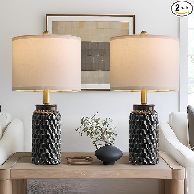 20.5" Black Modern Ceramic Bedside Lamp Set of 2 for Bedroom Decor Farmhouse Table Lamp for Living Room Office Dorm