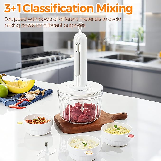 Food Processor Glass, Electric Food Chopper with 4 Bowls(8 Cup + 3 x 0.5 Cup) 2 Stainless Steel Blades USB Rechargeable Meat Grinder & Vegetable Chopper for Kitchen