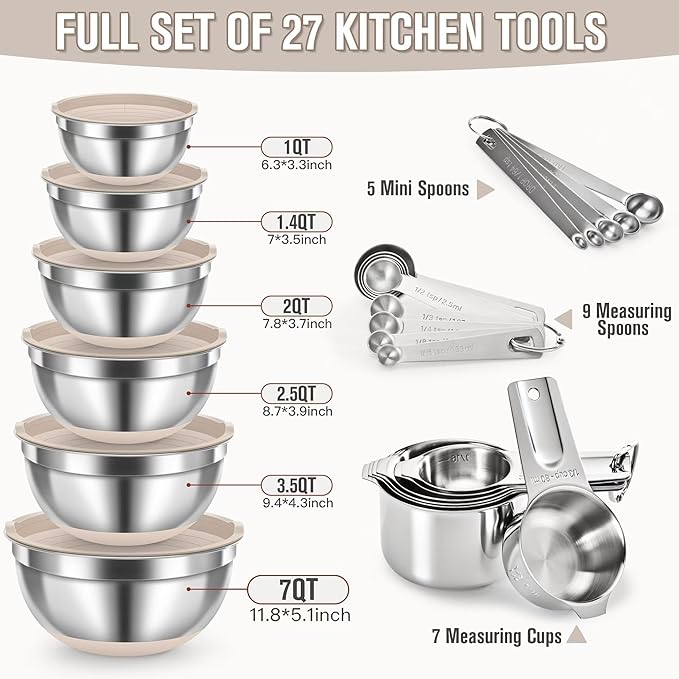30PCS Mixing Bowls with Lids Set, Stainless Steel Nesting Bowls with Graters, Non-Slip Silicone Bottom, Large Khaki Bowls 7QT to 1QT & 21 Measuring Cups and Spoons Great for Mixing, Baking, Serving