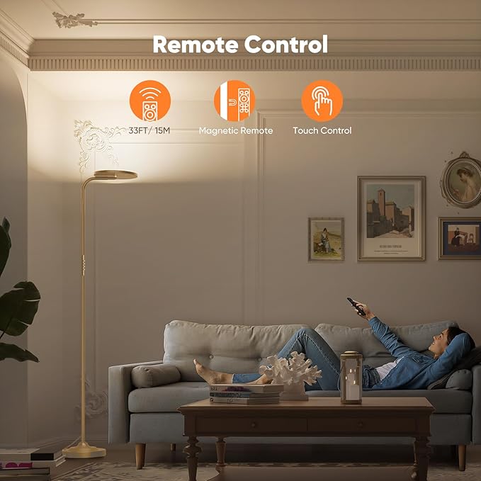 36W LED Floor Lamp, Upgrade Super Bright Standing Lamp, Modern Stepless Dimmable Torchiere Tall Lamp with Remote Control, 350°Rotating Head Reading Floor Lamp for Living Room, Bedroom, Office