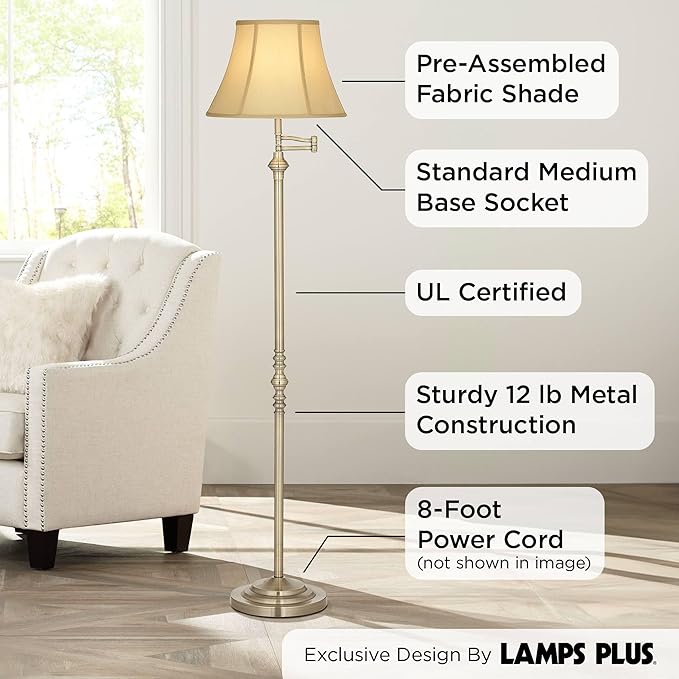 Regency Hill Montebello Traditional Adjustable Swing Arm Floor Lamp Standing 60" Tall Antique Brass Metal Column Golden Tan Bell Shade for Living Room Reading House Family Bedroom Home