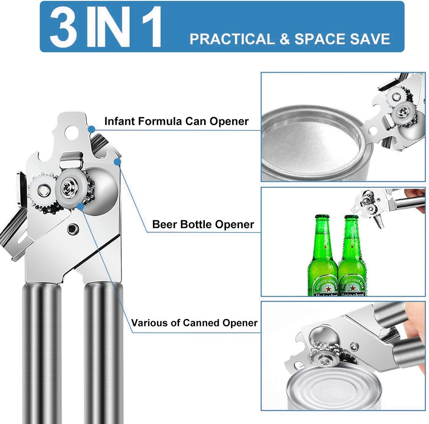 Stainless Steel Can Opener Manual Food-safe Good Grips with Built-in Bottle Opener Smooth Edge Stainless Steel Sharp Blade Safe Cover for Beer/Tin/Bottle, Food Grade-Silver