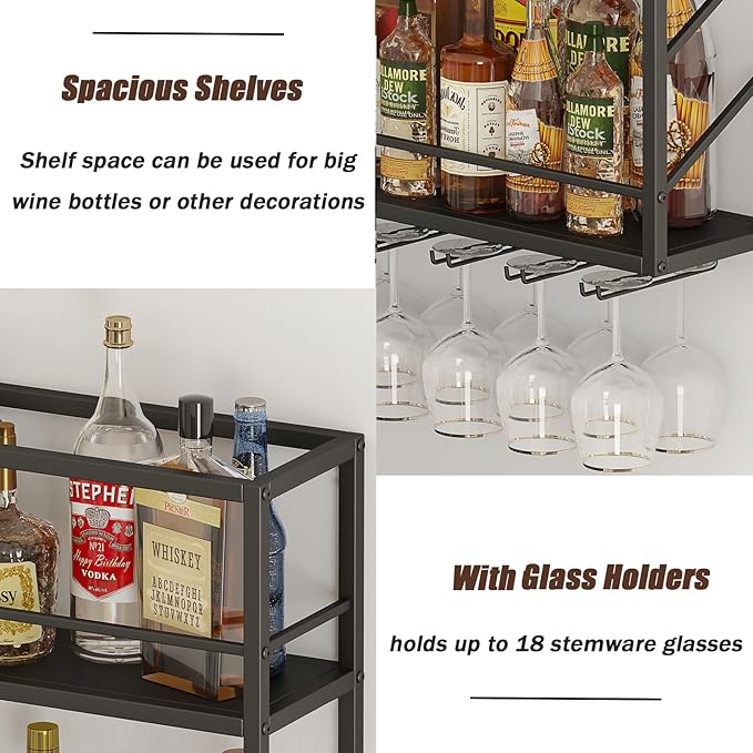 Wall Mounted Wine Rack 2 Tier, Metal Bar Liquor Shelves and Glass Holder,Wall Bar Shelf Wine Display Storage Holder for Home Bar, Dining Room, Kitchen (47.2×7.8×26in)