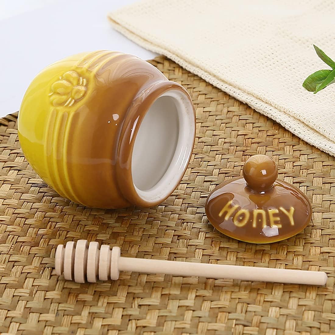 Ceramic Honey Pot with Dipper - Brown Honey Jar with Stand, Great Bee Decor - Farmhouse Kitchen Decor