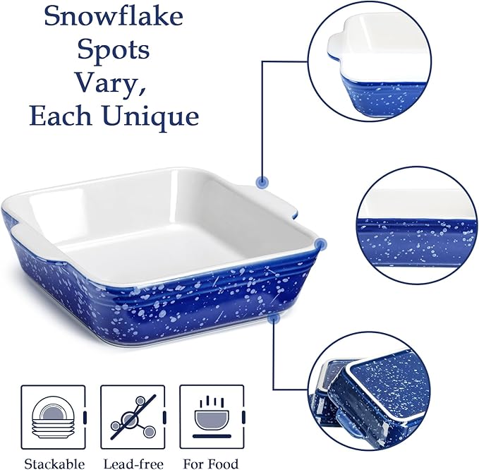 NUTRIUPS 13oz 5.9x5.9in Square Ceramic Baking Dish Set, 2-Pack Small Oven-Safe Baking Pan for Lasagna, Casserole - Bakeware for Baking & Serving (Blue)